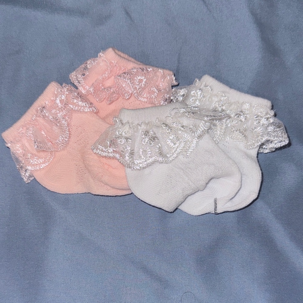 Lace Trim Baby Socks - Pink & White